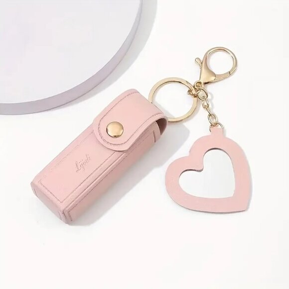 Other - Cute Pink Mini Lipstick Holder Sleeve Keychain with Heart Shaped Mirror